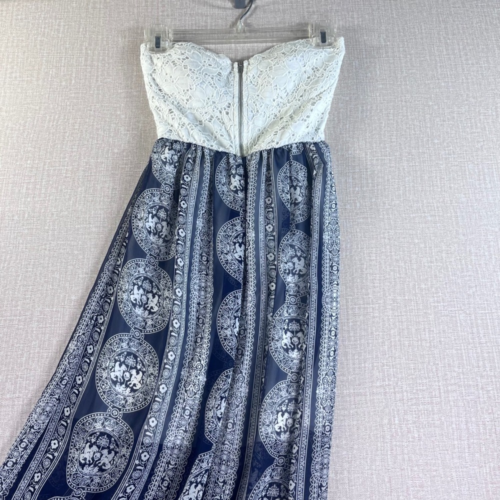 A'GACI Strapless Lace Bodice Maxi Dress Navy Blue White Medallion Print Sm Boho